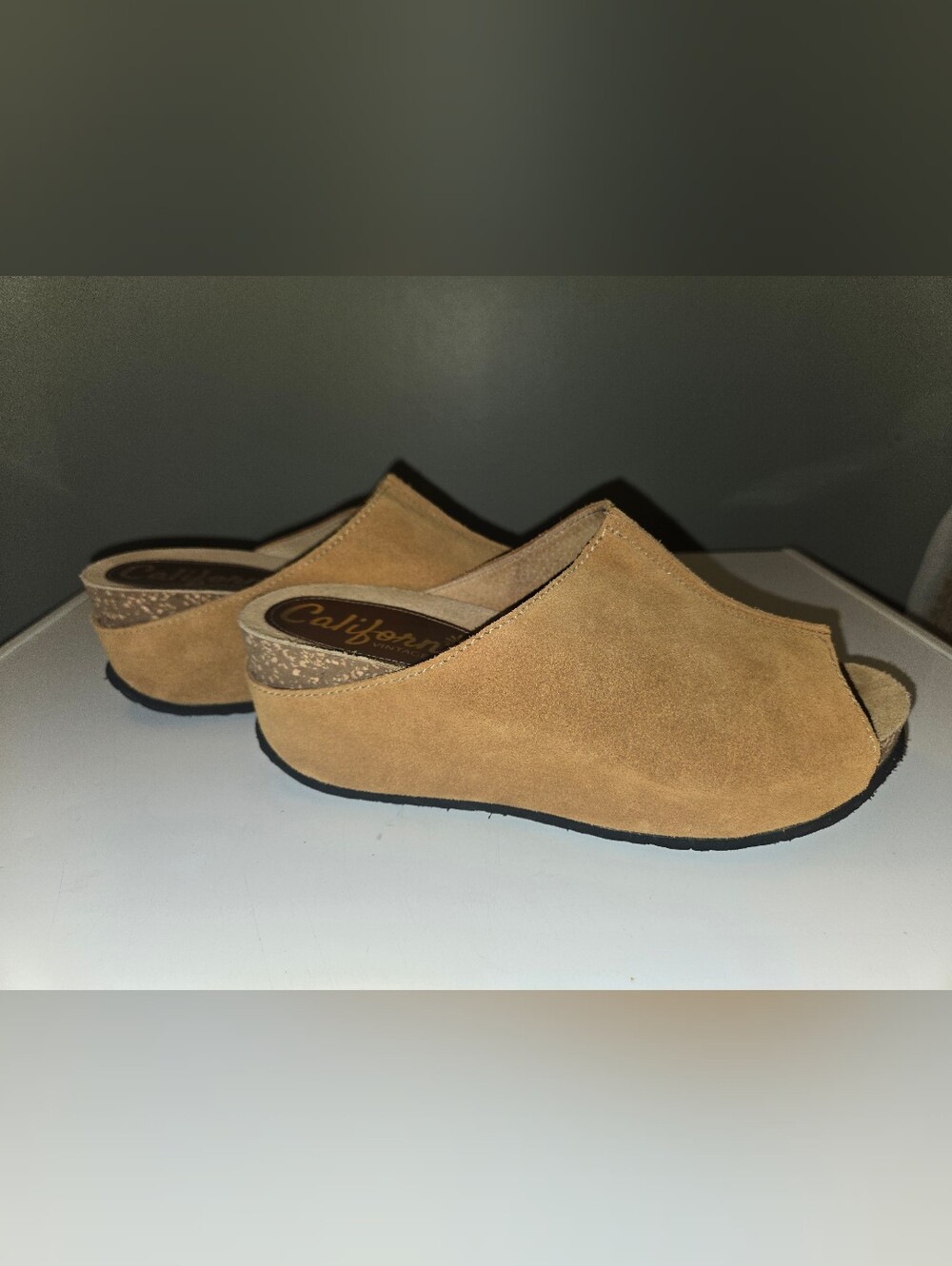 Californians Vintage Collection Tan Suede Peep-Toe Wedge Mules Size 10